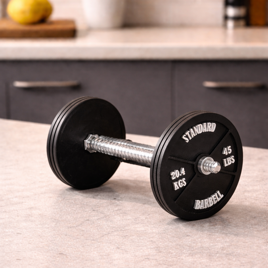 Realistic black dumbbell shaped coaster for gym lovers, 3D printed fitness-themed drink coaster, masculine home gym decor, weight plate desk accessory for bodybuilders.