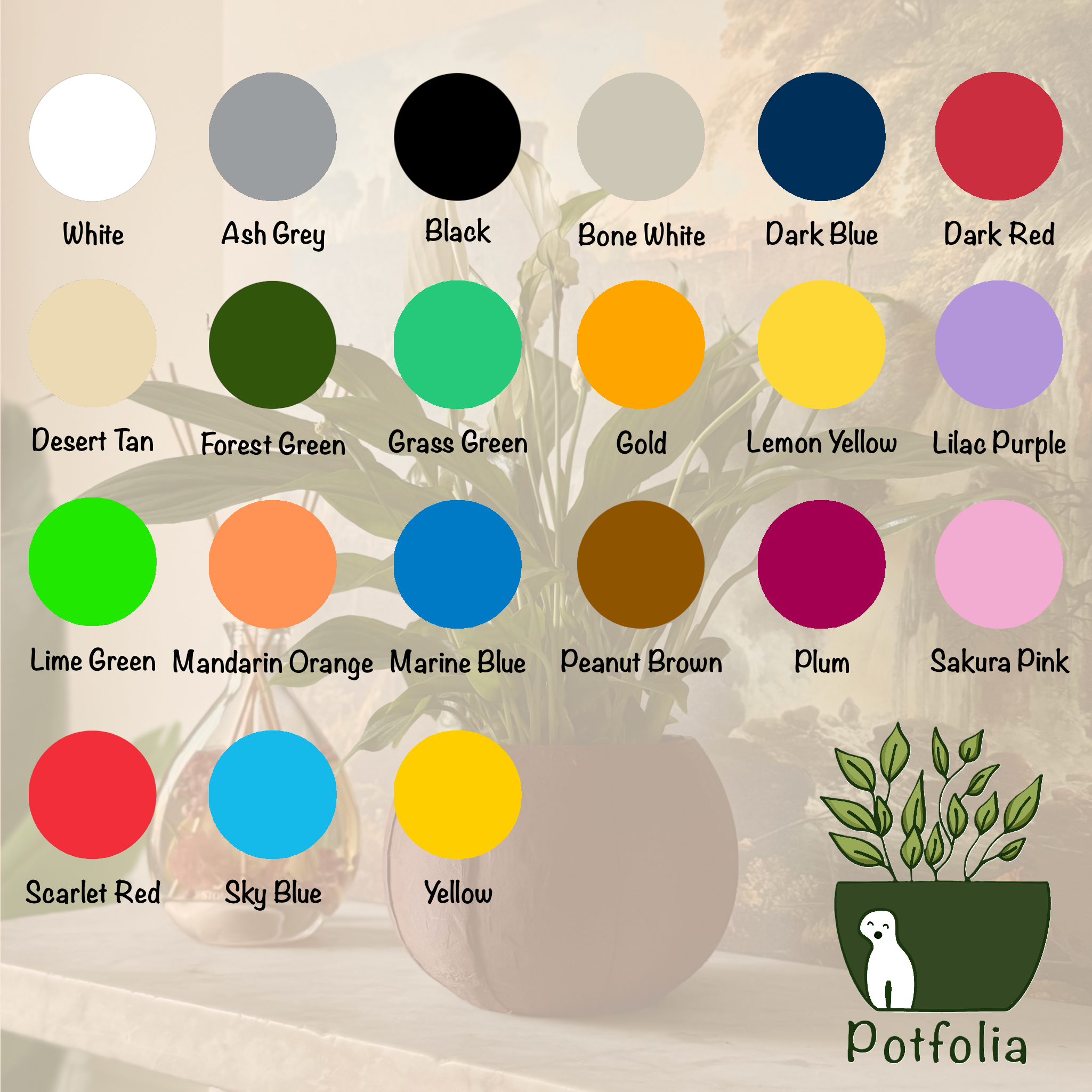 Color swatches with corresponding names in front of a potted plant, featuring the Potfolia brand.