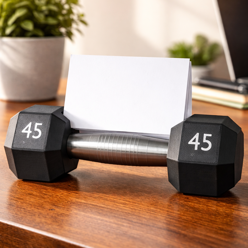 Dumbbell shape design business card holder with a desk background
