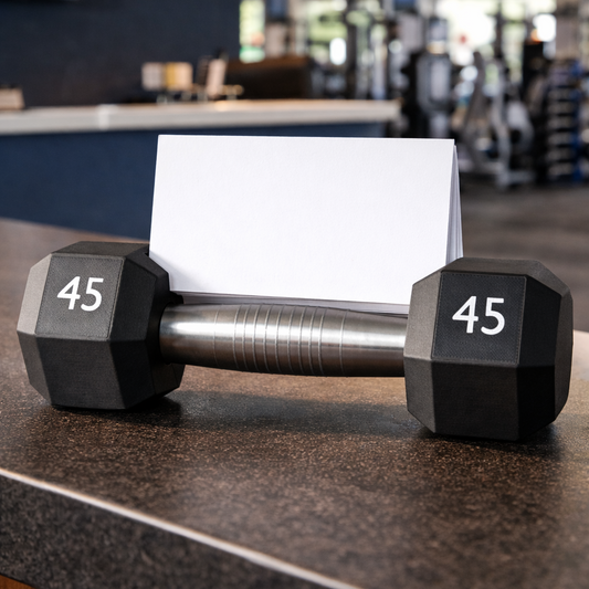 Dumbbell shape design business card holder with a gym reception background