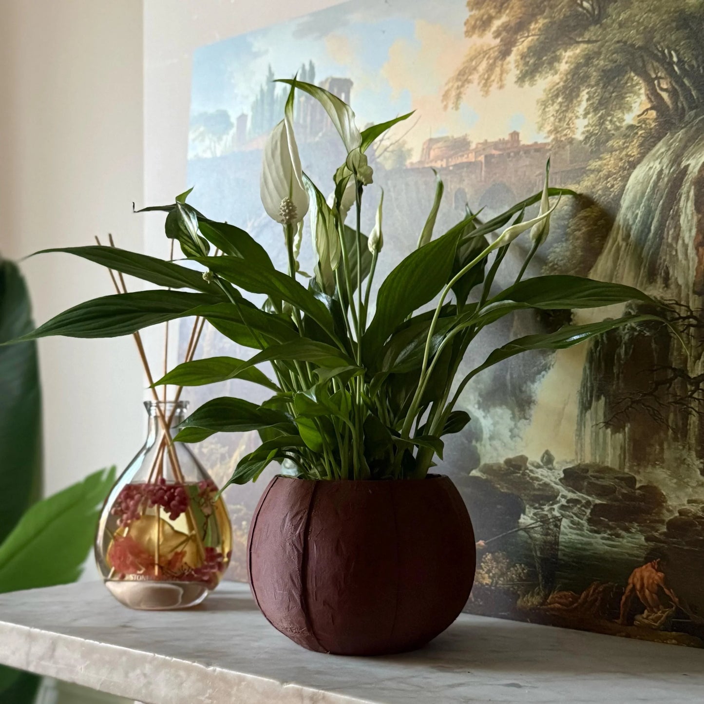 Green potted plant in a brown plant pot on a marble surface with a painting in the background