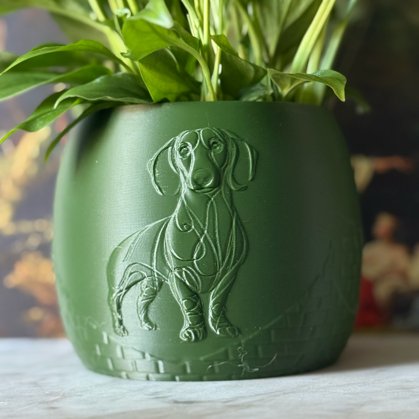 Green potted plant in a green plant pot with an embossed Sausage Dog standing on a marble surface
