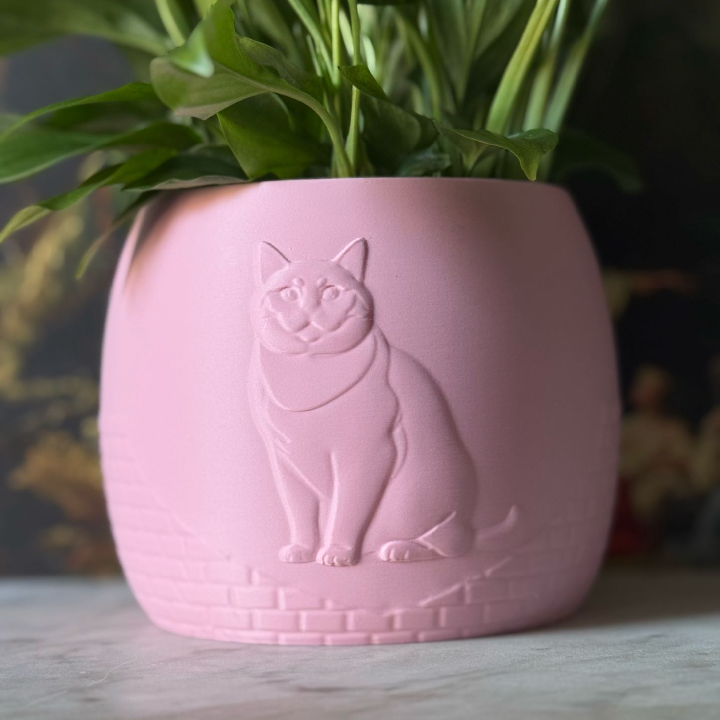 Green potted plant in a pink plant pot with an embossed British Shorthair standing on a marble surface
