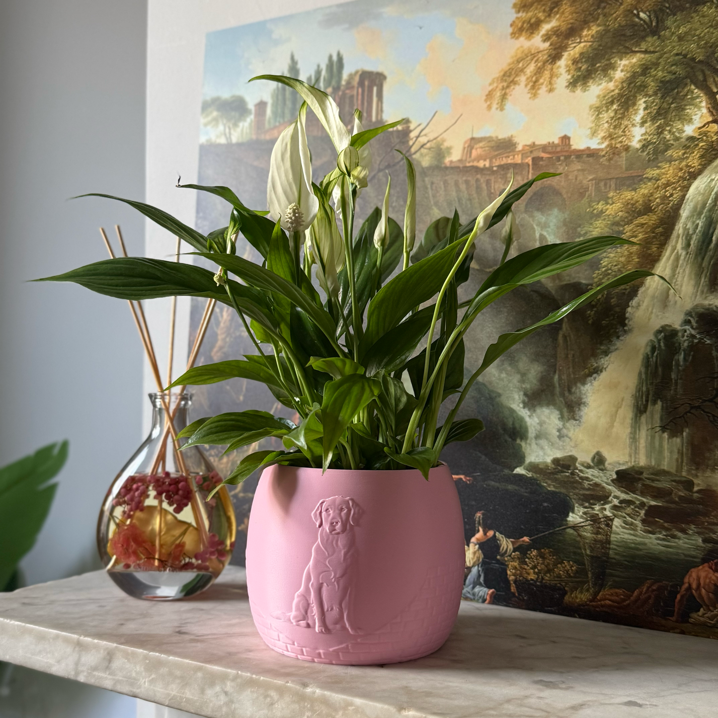 Green potted plant in a pink plant pot with an embossed Labrador standing on a marble surface