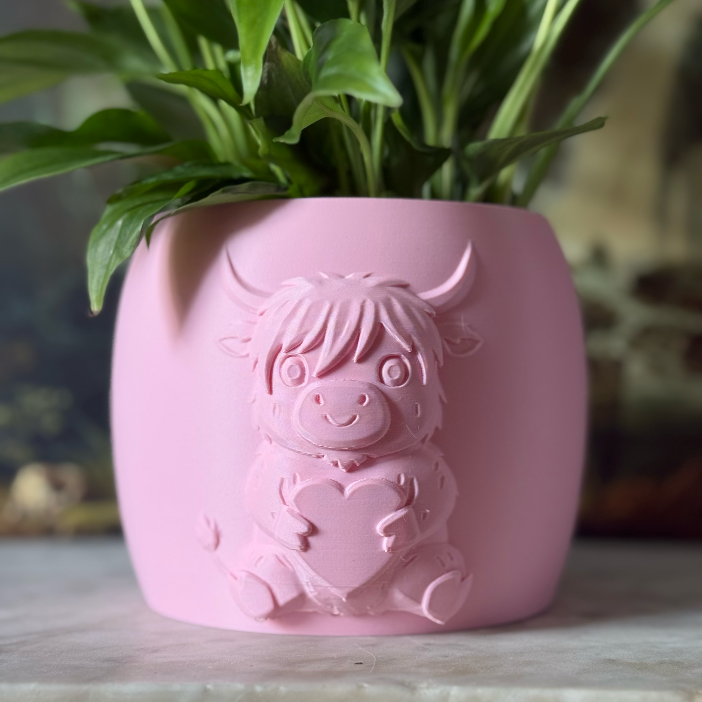 Pink highland cow valentines plant pot with the cow holding a heart in its arms against a white background on a marble top surface