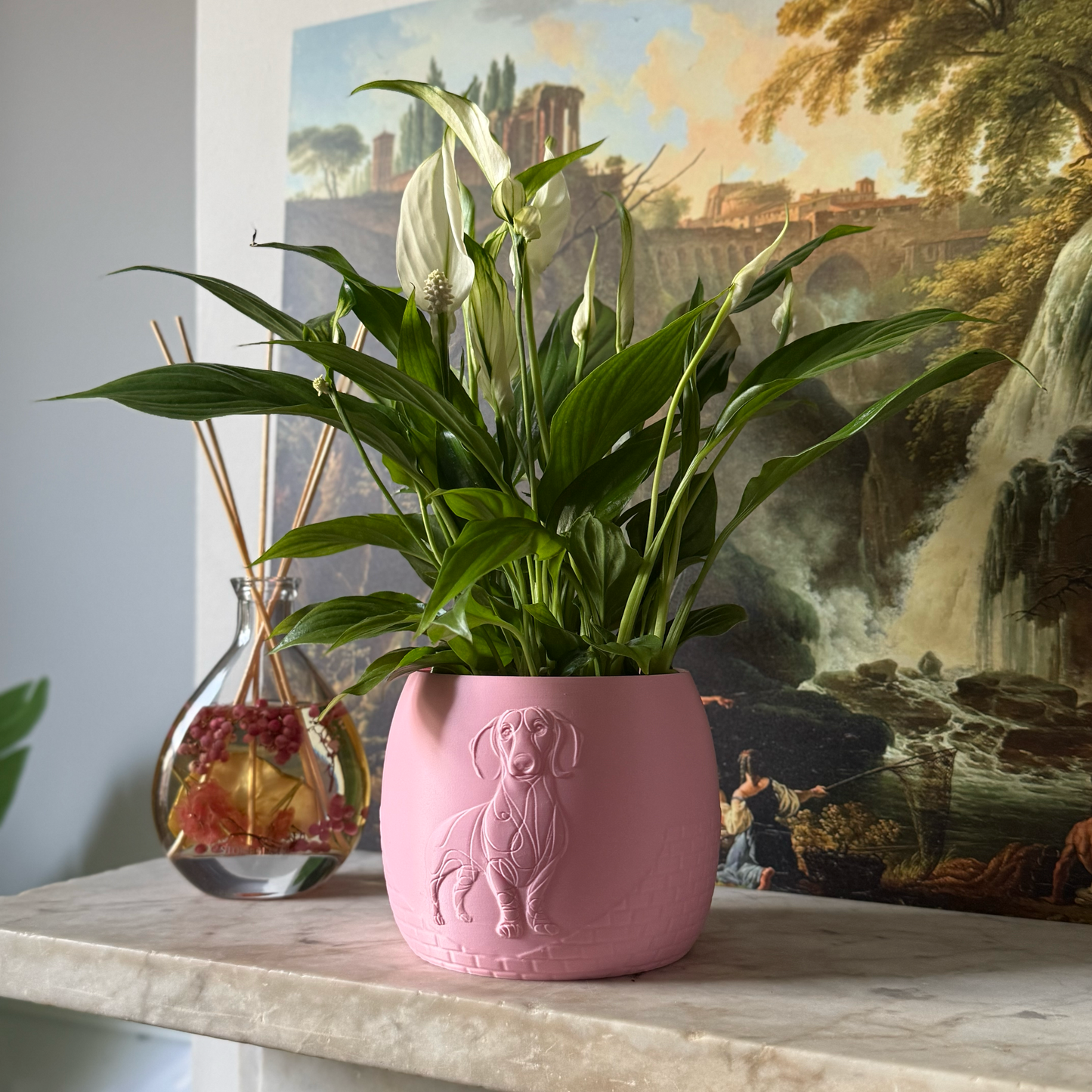 Green potted plant in a pink plant pot with an embossed Sausage Dog standing on a marble surface