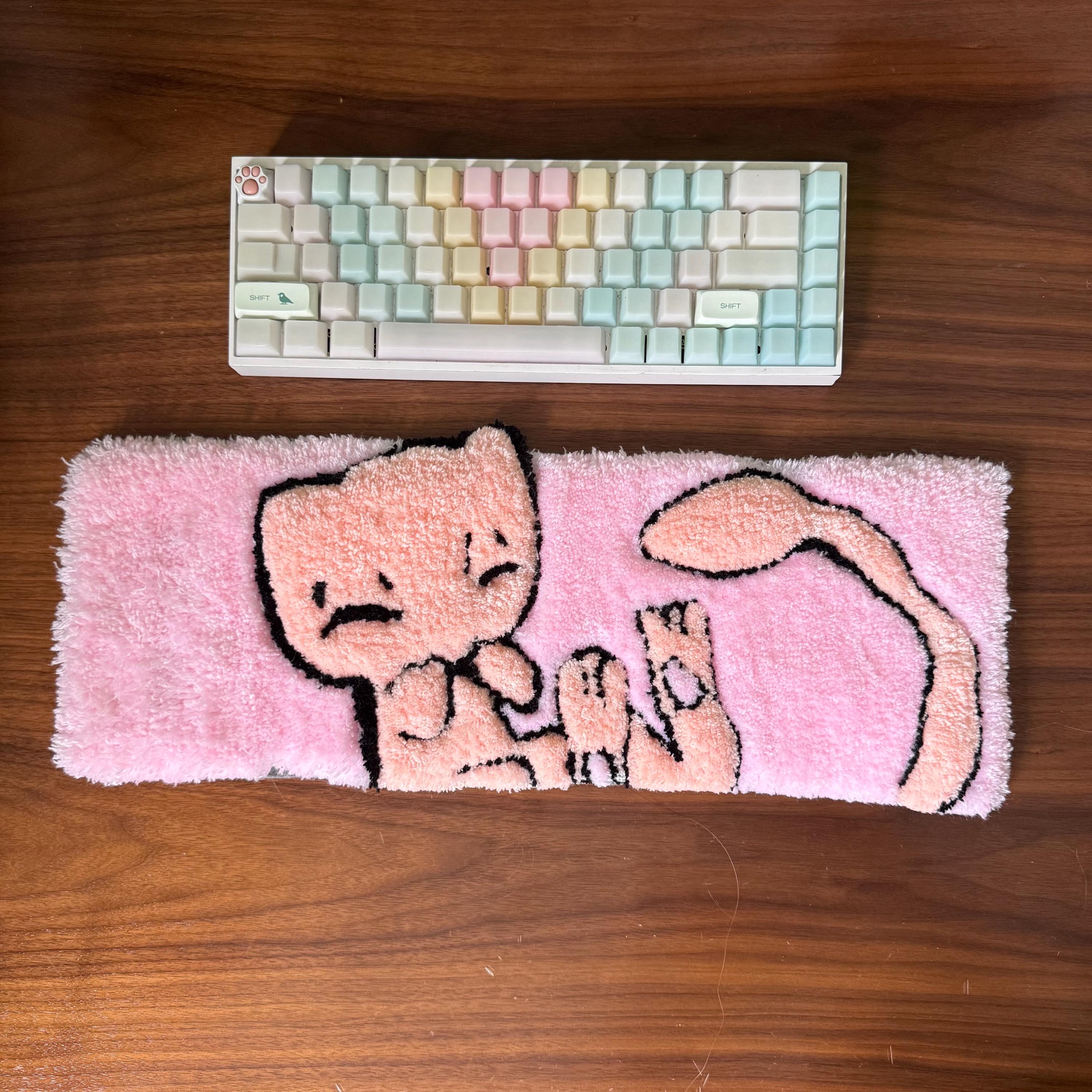 Hand Tufted Keyboard Rug, Pokemon Mew Desk Mat, Pink Aesthetic Wrist Rest Rug, Handmade Kawaii Desk Decor, Soft Gaming Setup Accessory