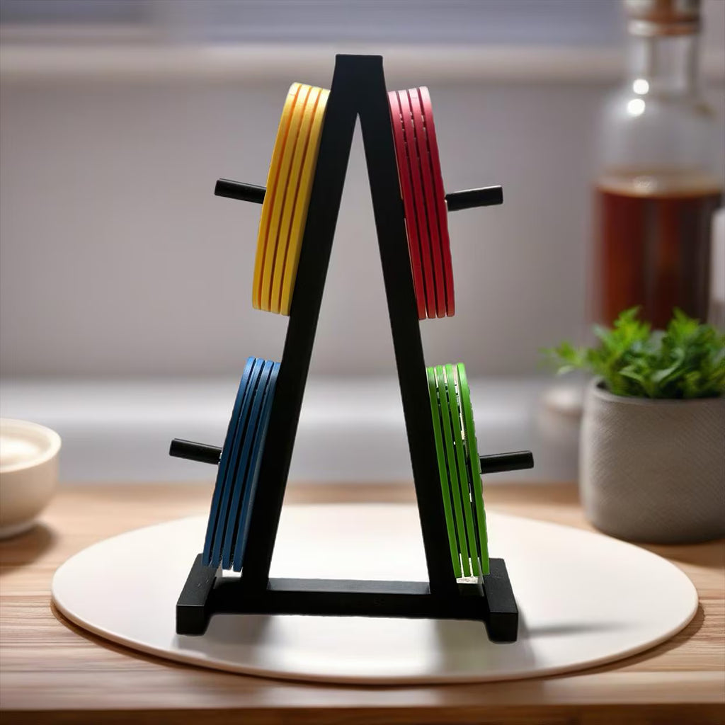 Weight Plate Coasters Set with Stand – Non Slip - Gym Decor, Weightlifting Gift
