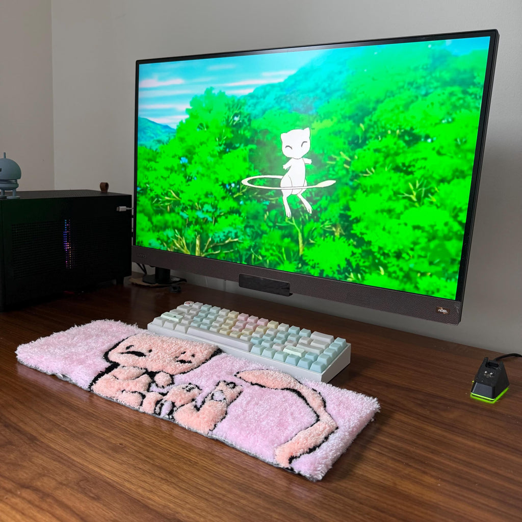 Hand Tufted Keyboard Rug, Pokemon Mew Desk Mat, Pink Aesthetic Wrist Rest Rug, Handmade Kawaii Desk Decor, Soft Gaming Setup Accessory